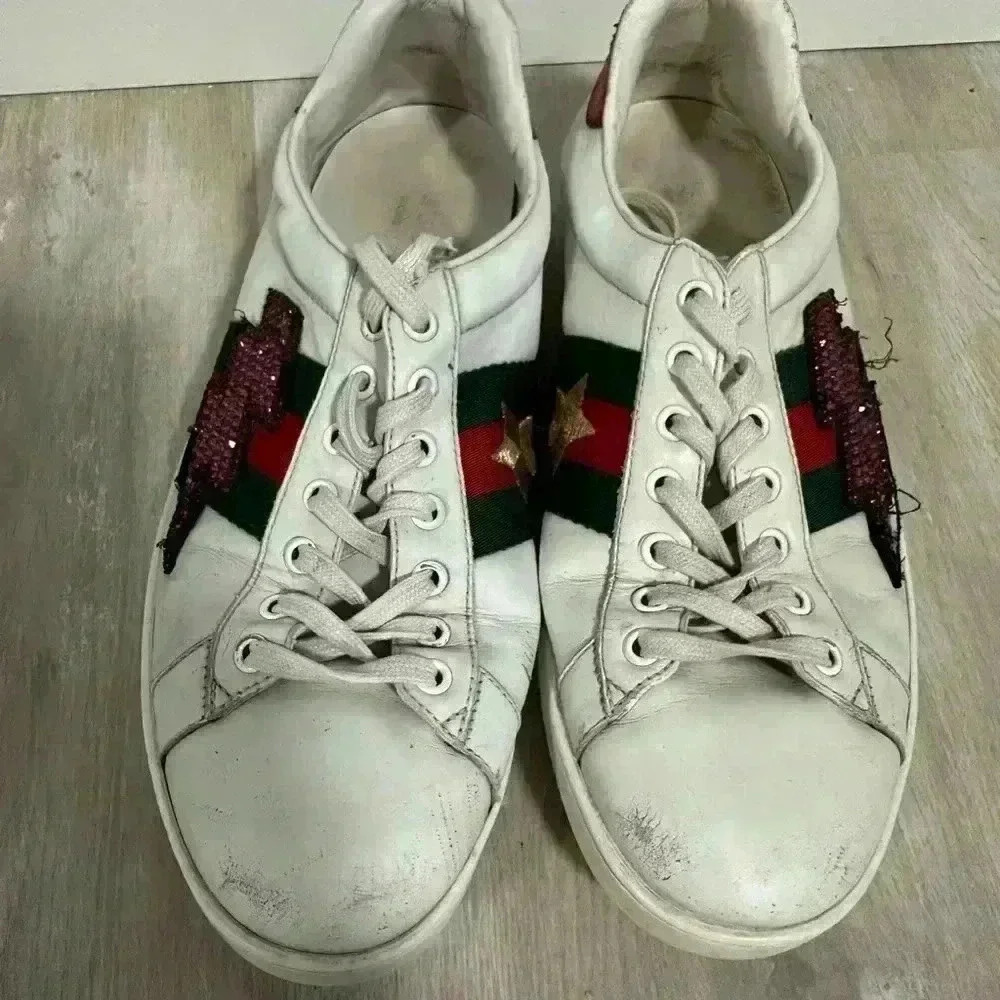Gucci White Leather Ace Sneakers Lightning Bolt Star Red Green Mens Size 8G - Picture 13 of 14